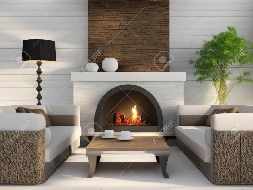 Part of the modern interior with fireplace 3D rendering