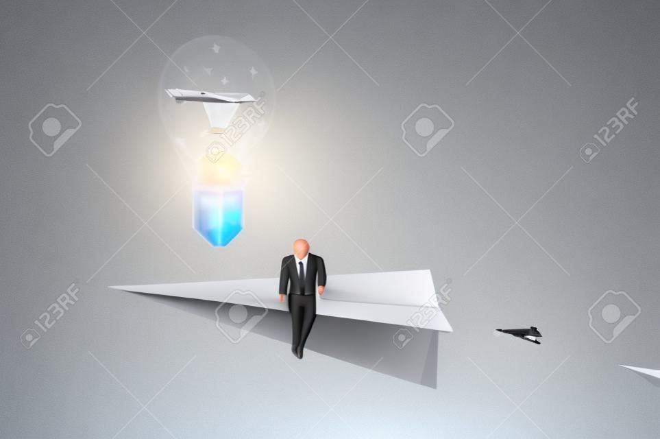 3D Illustration , Businessman on paper airplanes flying with idea