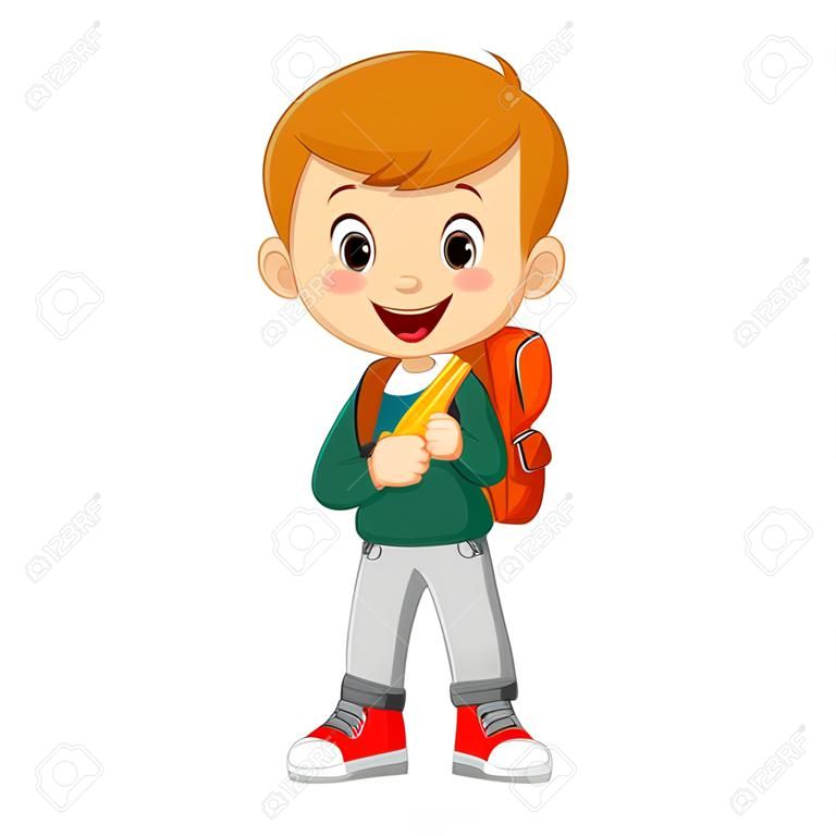 Boy standing with backpacks cartoon.
