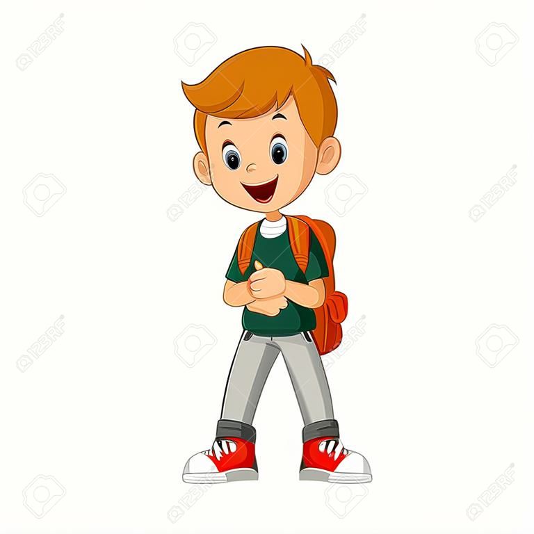Boy standing with backpacks cartoon.