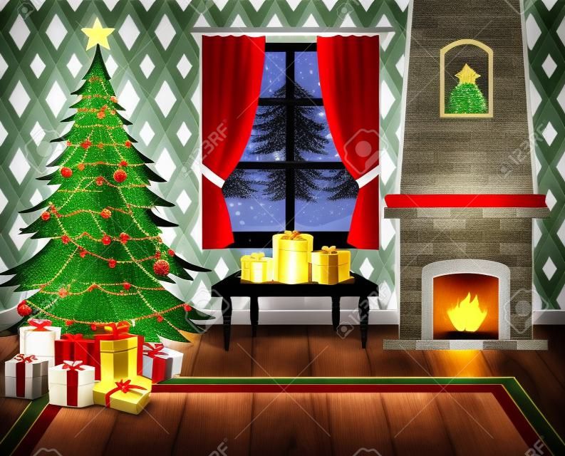 Chimenea de Navidad con árbol de Navidad, regalos y sillón.