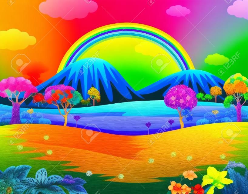 Un colorido jardín con el hermoso arco iris