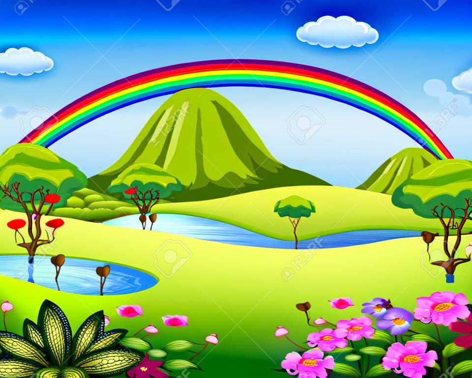 ein bunter Garten mit dem schönen Regenbogen
