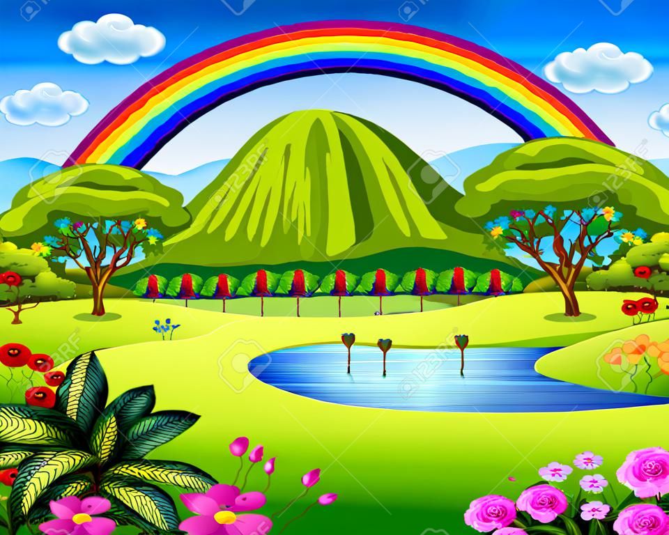 un colorido jardín con el hermoso arco iris
