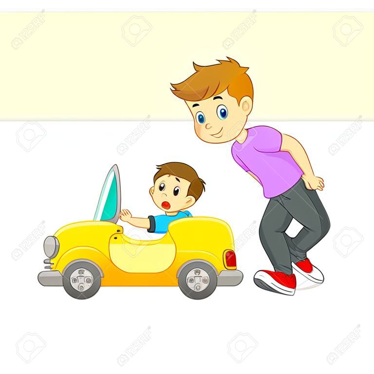 the boy is pushing the yellow car with his friend on it