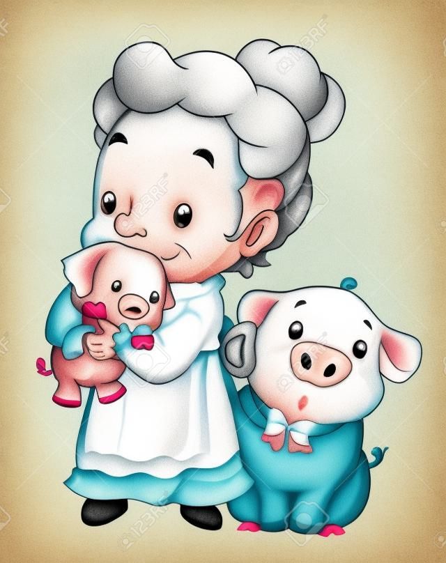 The old grandmother is hugging the baby pig of illustration