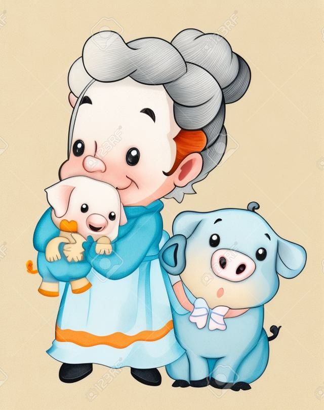 The old grandmother is hugging the baby pig of illustration