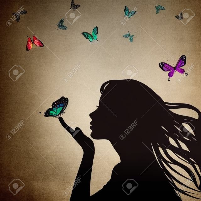 Fille de silhouette femme aux papillons colorés sur fond blanc.