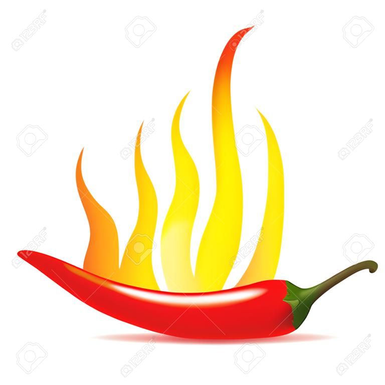 Hot chilli pepper in energy fire. Vector icon isolated on white background. Burning red chili symbol of mexican culture.