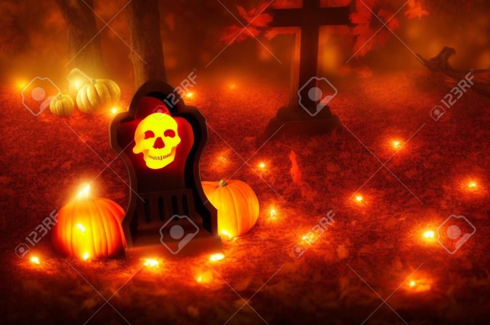 Skull and pumpkins on ground. Halloween decoration. Holidays.