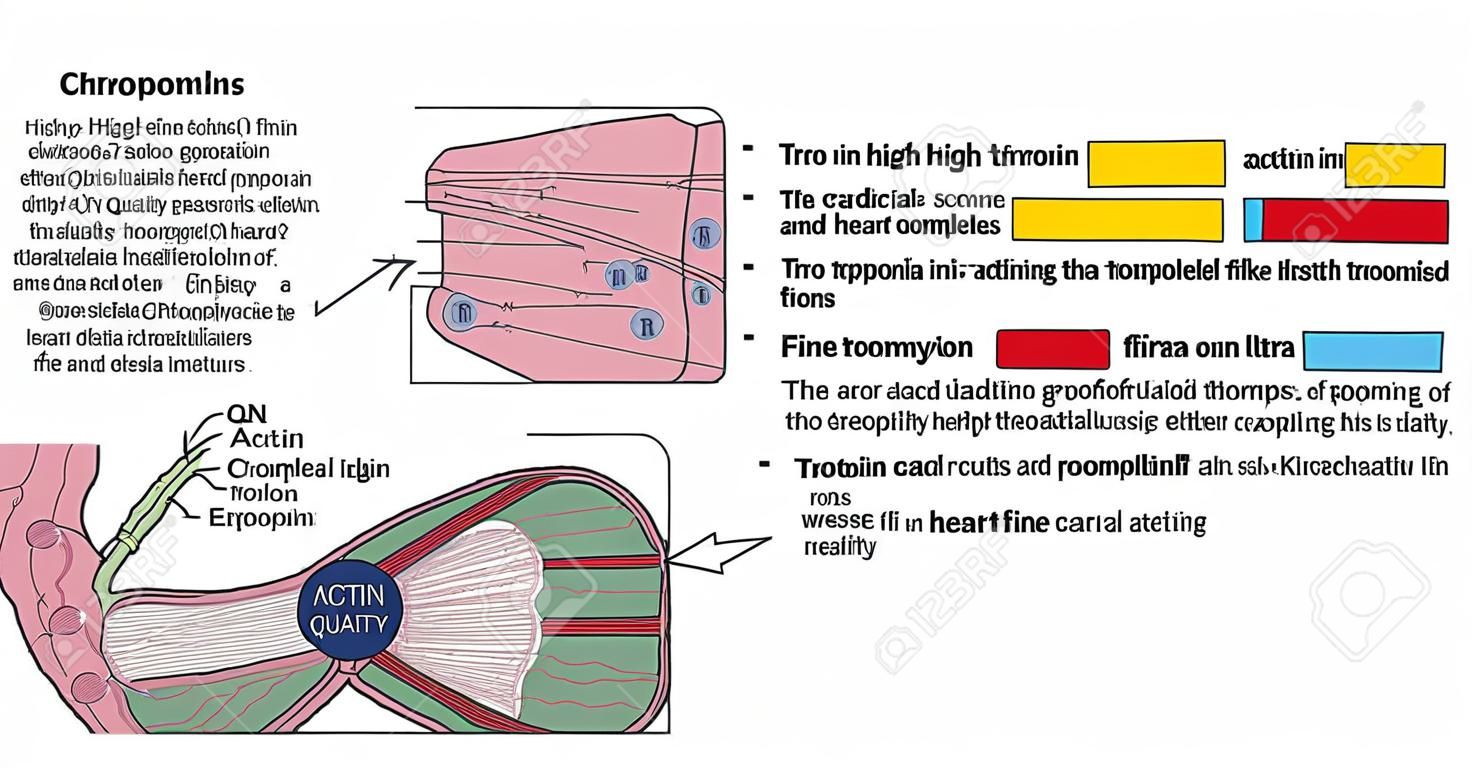 Drawing of heart muscle showing cardiac myofibres, actin, tropomyosin and troponin complex