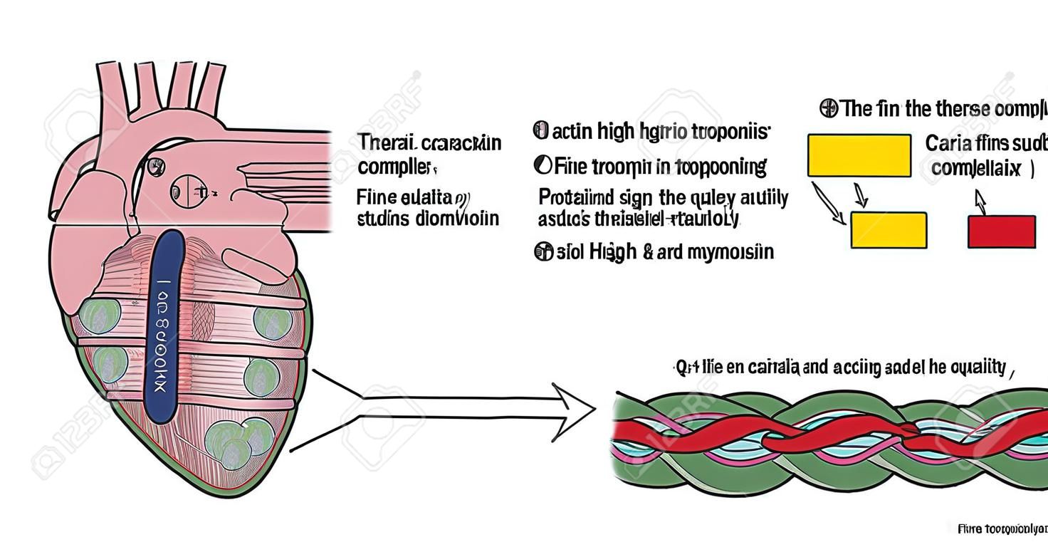Drawing of heart muscle showing cardiac myofibres, actin, tropomyosin and troponin complex