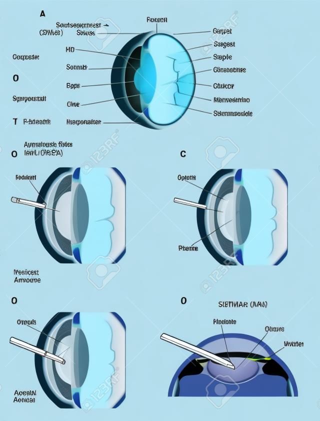 Cataract operation, showing a normal eye and a lens with a cataract.  The procedure for surgical removal is shown. Created in Adobe Illustrator.  Contains transparencies and gradient meshes.  EPS 10.