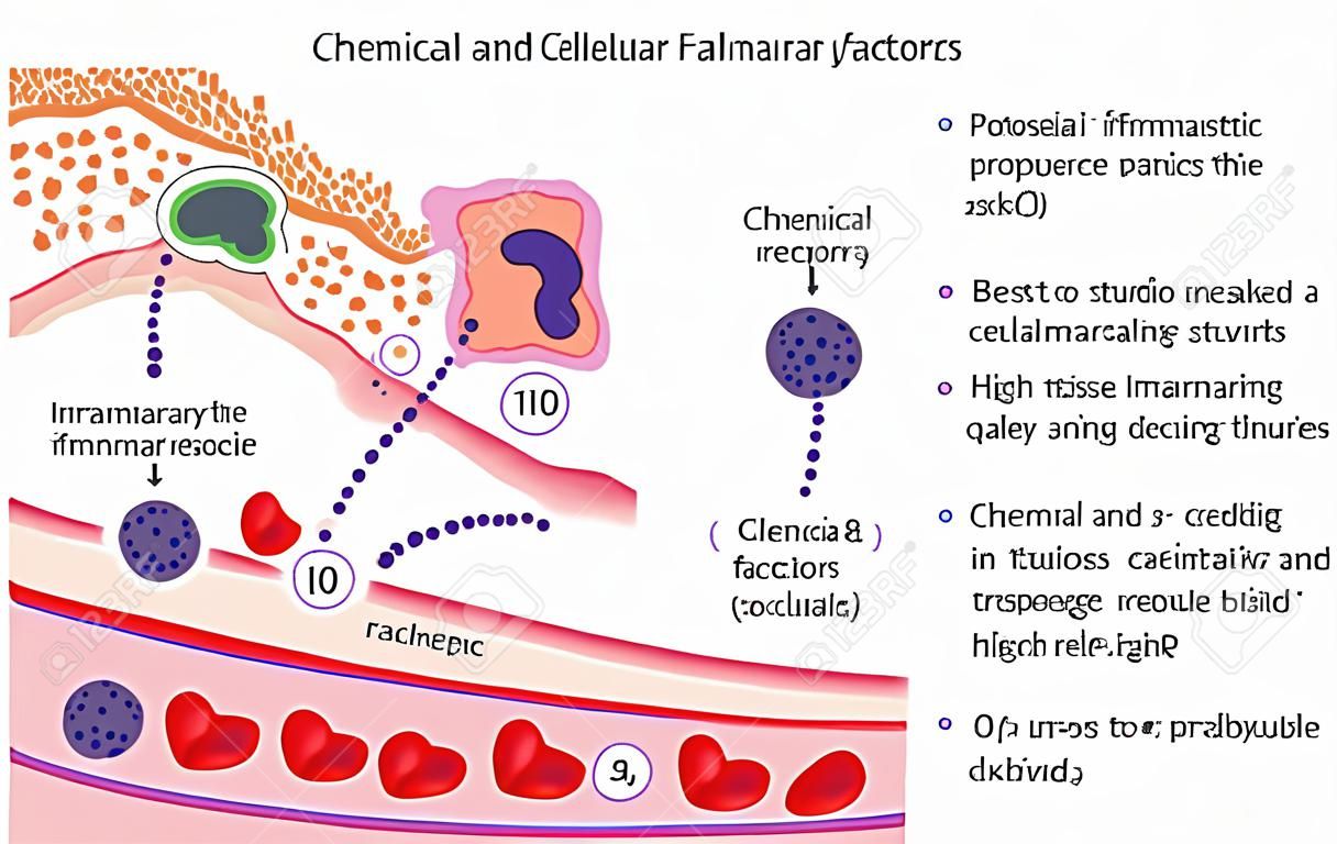 Fatores químicos e celulares envolvidos na resposta inflamatória a danos e reparos nos tecidos.