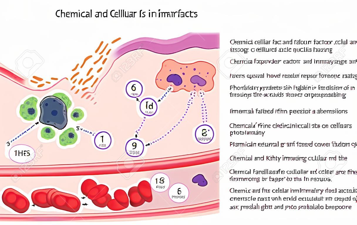 Fatores químicos e celulares envolvidos na resposta inflamatória a danos e reparos nos tecidos.