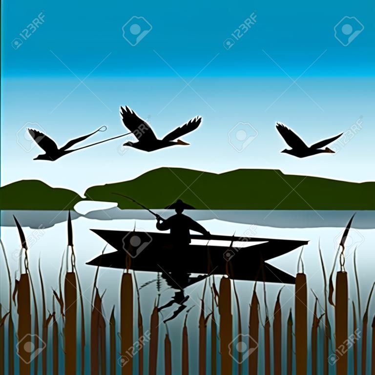 Paysage avec pêcheur dans un bateau