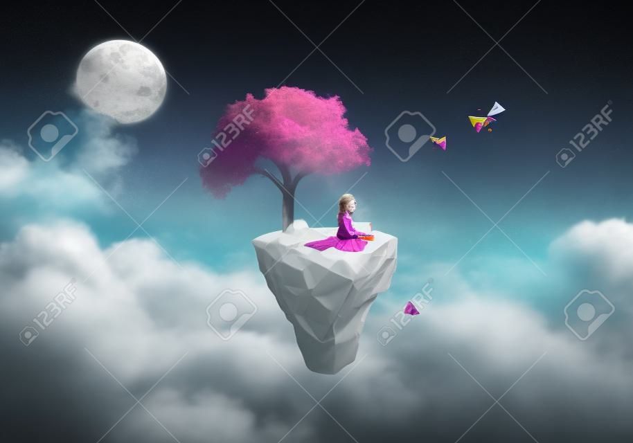 Złożone fantasy/surrealistyczne tło - mała dziewczynka siedząca na pływającej wyspie, rzucająca papierowymi samolotami