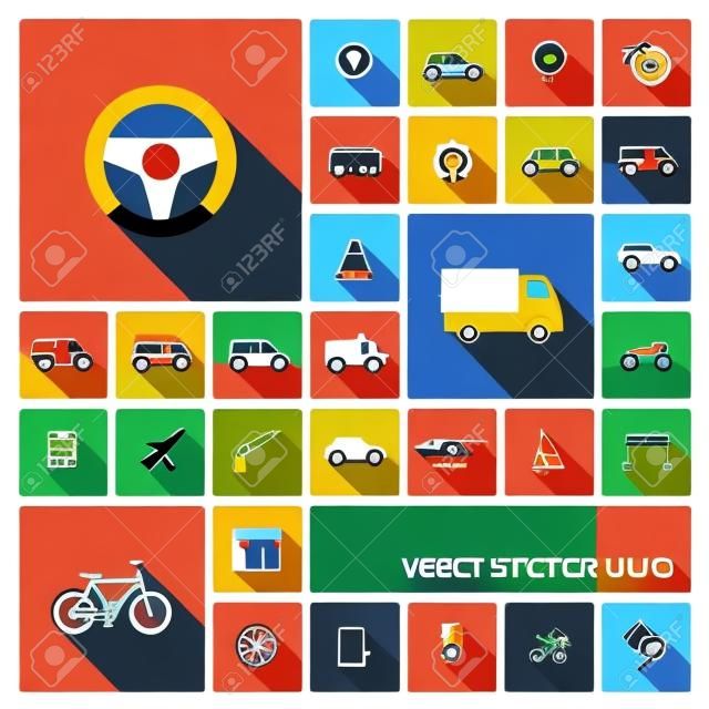 Vector Flach farbige Icons mit langen Schatten Transport-Set für Wirtschaft, Industrie, Internet, Computer und mobile Apps Auto-, Rad-, Hubschrauber-, Fahrrad-Symbole in der modernen grafische Darstellung
