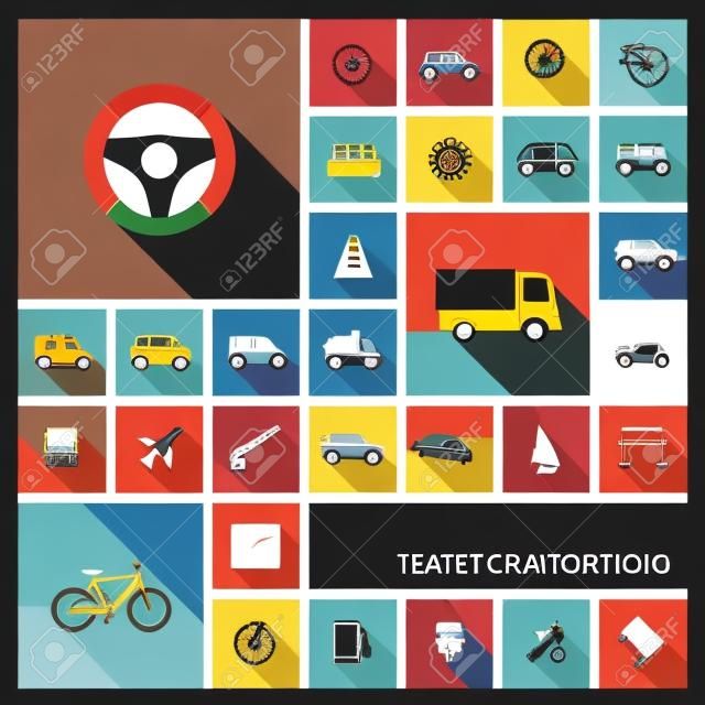 Vector flat colored icons with long shadows  Transportation set for business, industry, internet, computer and mobile apps  car, wheel, helicopter, bicycle symbols in modern graphic illustration  