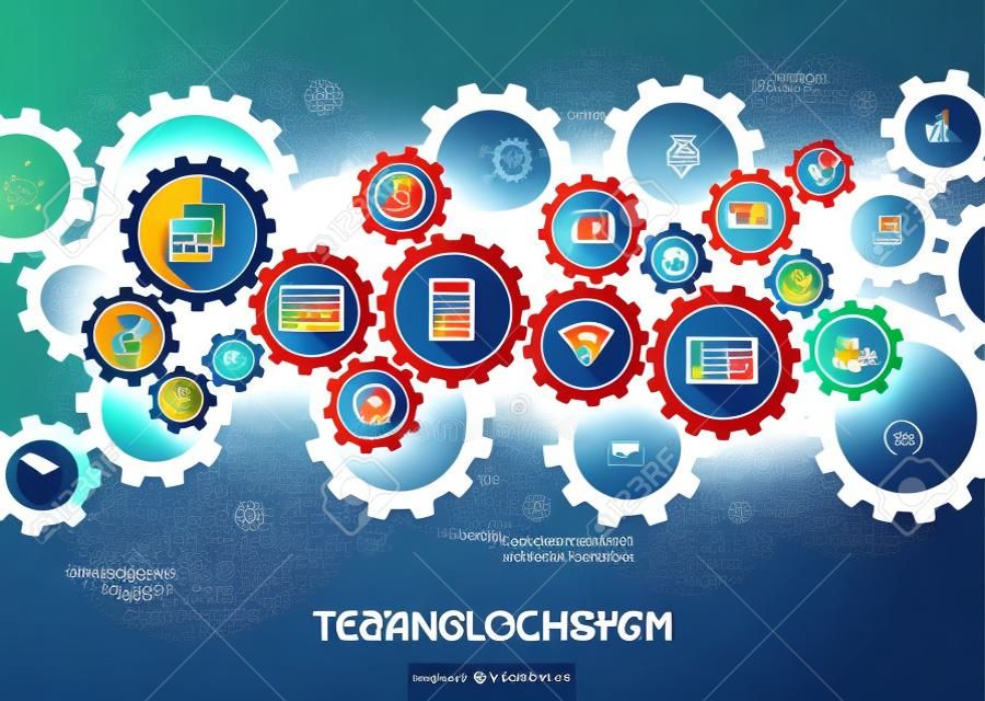 Technology mechanism concept. Abstract background with integrated gears and icons for digital, internet, network, connect, social media and global concepts. Vector infograph illustration. Flat design