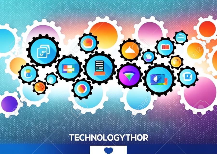 Technology mechanism concept. Abstract background with integrated gears and icons for digital, internet, network, connect, social media and global concepts. Vector infograph illustration. Flat design