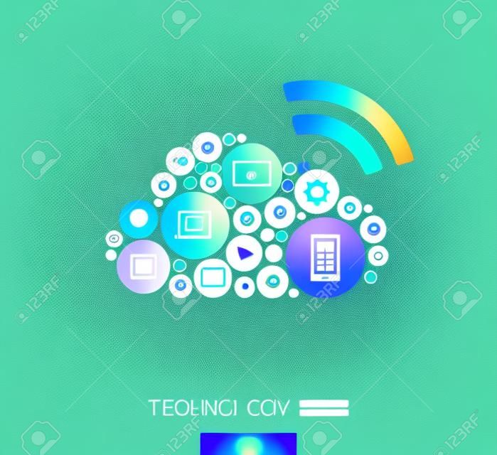 Círculos de cores, ícones planos em forma de computação em nuvem: tecnologia, computação em nuvem, conceito digital. Fundo abstrato com objetos conectados em grupo integrado de elementos. Ilustração vetorial