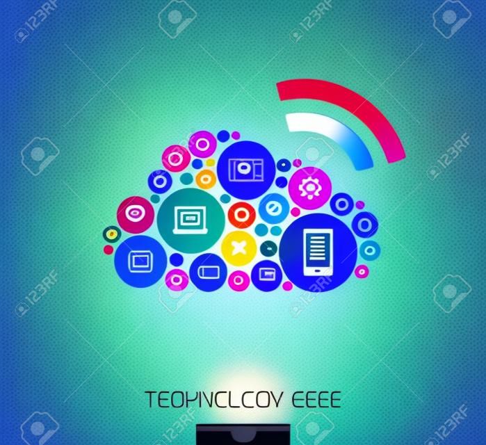 Color circles, flat icons in cloud computing shape: technology, cloud computing, digital concept. Abstract background with connected objects in integrated group of elements. Vector illustration
