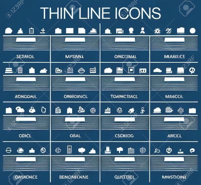 illustration of thin line icons for business, banking, contact, social media, technology, seo, logistic, education, sport, medicine, travel, weather, construction, arrow. Linear symbols set.