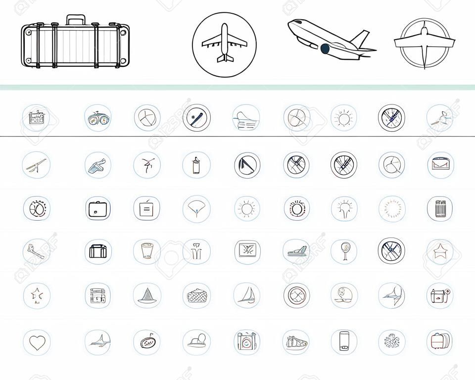 Cienkie linie zaokrąglone ikony zestaw i elementy graficzne. Ilustracja z podróży, turystyki konspektu symbole. Planowanie, lato, urlop, samolot, mapa, bagażnik, okulary przeciwsłoneczne