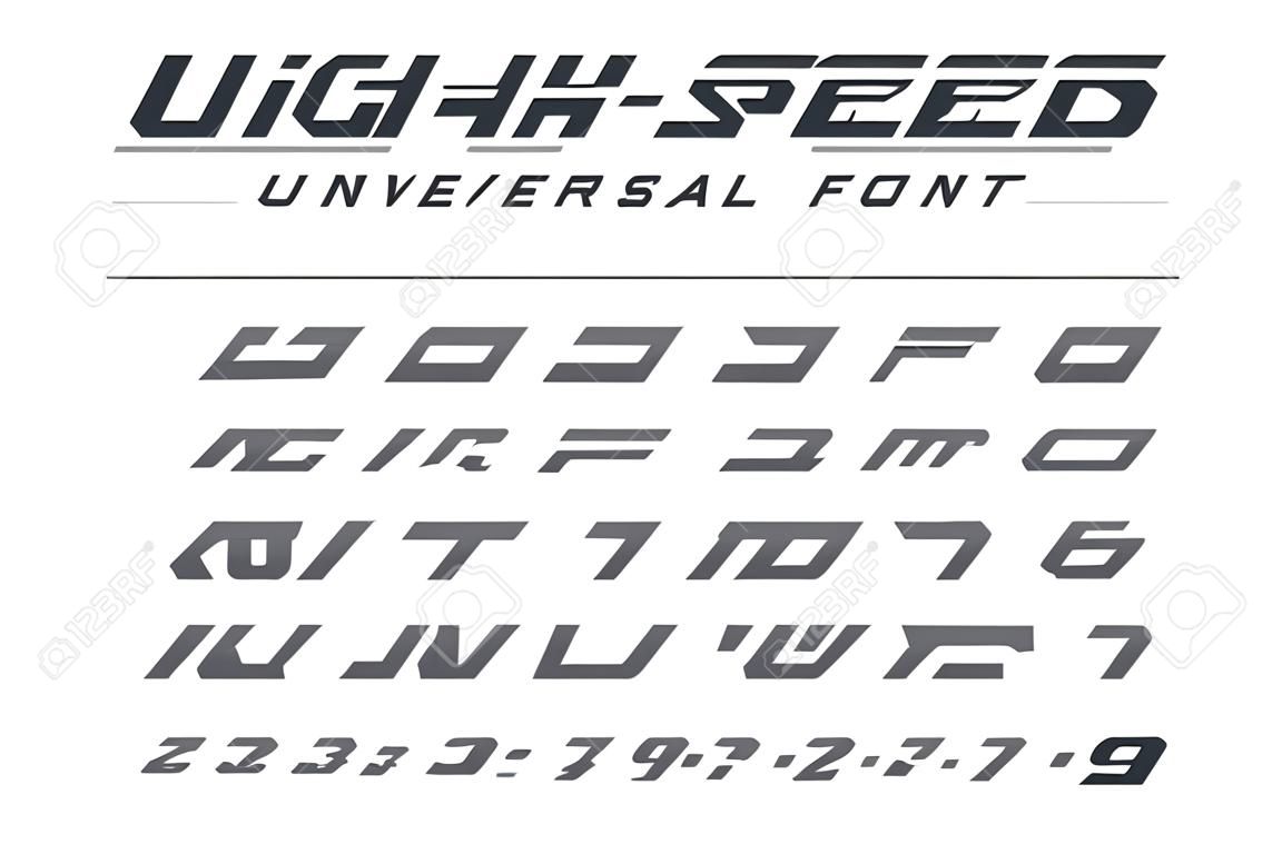 High speed universal font. Fast sport, futuristic, technology, future alphabet. Letters and numbers for military, industrial, electric car racing logo design. Modern minimalistic vector typeface