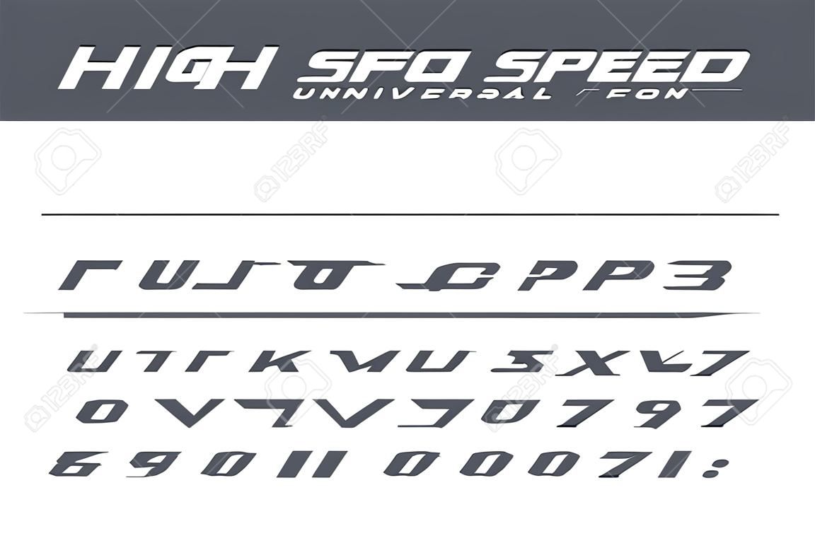 High speed universal font. Fast sport, futuristic, technology, future alphabet. Letters and numbers for military, industrial, electric car racing logo design. Modern minimalistic vector typeface