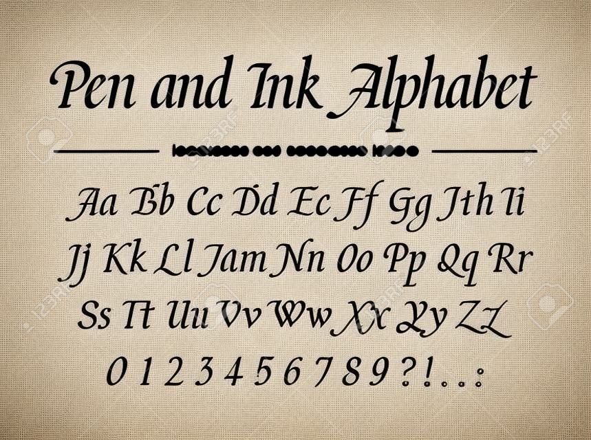 Pen and Ink Alphabet. Fonte manuscrita universal para alimentos, embalagens de bebidas, moda, educação.
