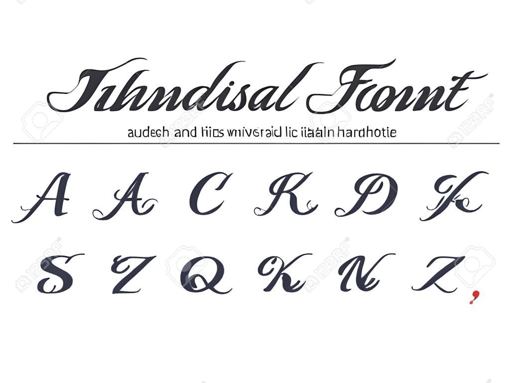 Fonte em itálico escrita à mão universal. Alfabeto desenhado à mão escrito com caneta de pincel. Roteiro clássico de caligrafia estilo retrô.