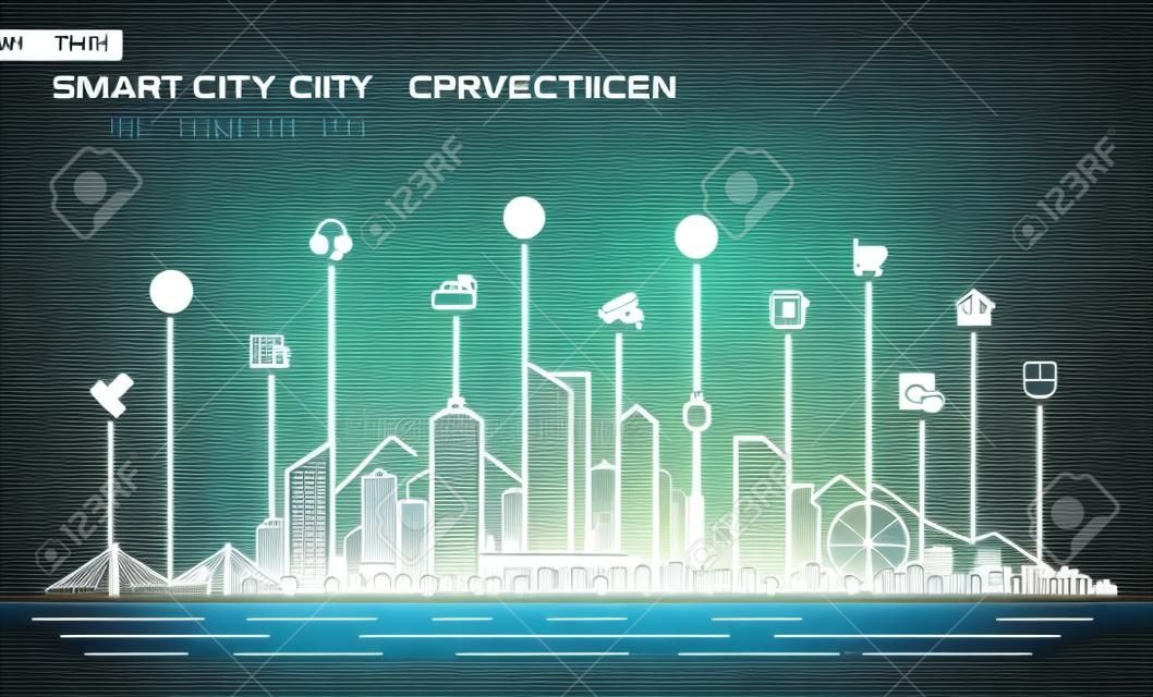 Vecteur modifiable. Concept de connexion de ville intelligente. Paysage technologique futuriste avec des icônes intégrées en ligne mince. Système de réseau de croissance, achats, médecine, sécurité, location, transport, services de livraison.
