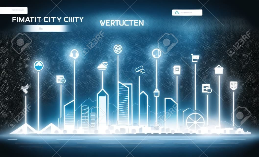 Editable vector. Smart city connection concept. Futuristic tech landscape whith integrated thin line icons. Growth network system, shopping, medicine, security, rental, transport, delivery services.
