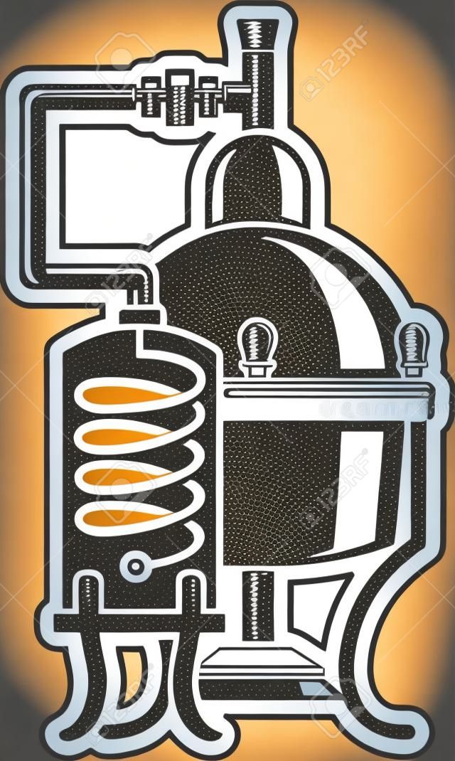 Ilustración del vector de alcohol Cooper unidad de destilación alambique. Plantilla para el logotipo o icono.