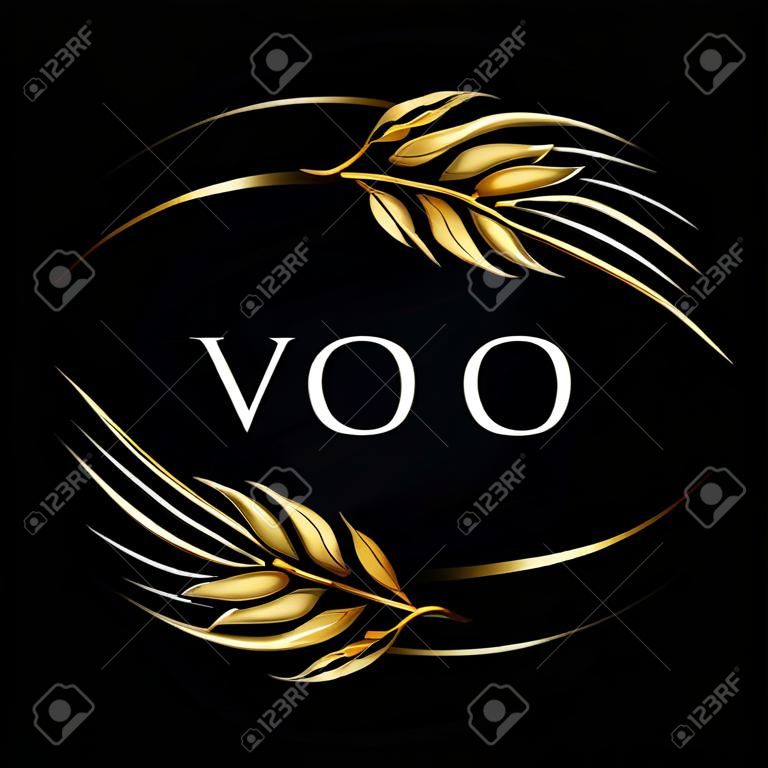 Vector illustration of two gold ripe wheat ears on black background. Can be used as frame, corner or border design element.