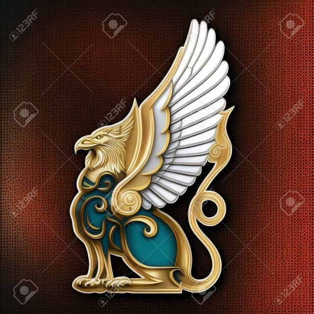 Grifo de heráldica real criatura mítica símbolo de poder y fuerza vector cabeza de águila cuerpo de león alas de pájaro emblema heráldico bestia legendaria monarquía buitre símbolo del escudo de armas místico.