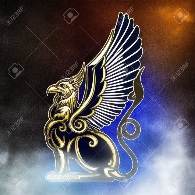 Grifo de heráldica real criatura mítica símbolo de poder y fuerza vector cabeza de águila cuerpo de león alas de pájaro emblema heráldico bestia legendaria monarquía buitre símbolo del escudo de armas místico.