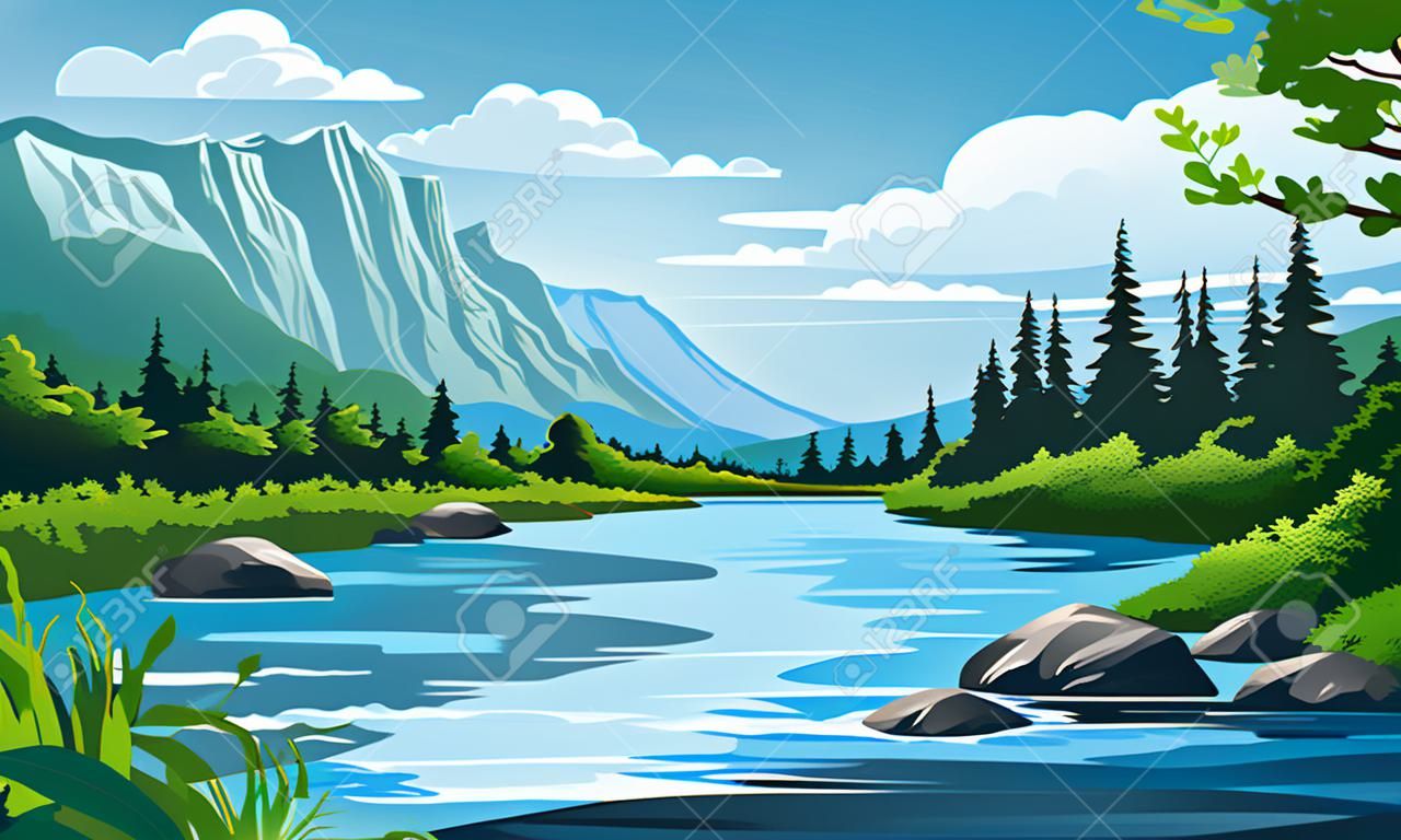 Vector illustration of a beautiful river scenery. Sunny summer day