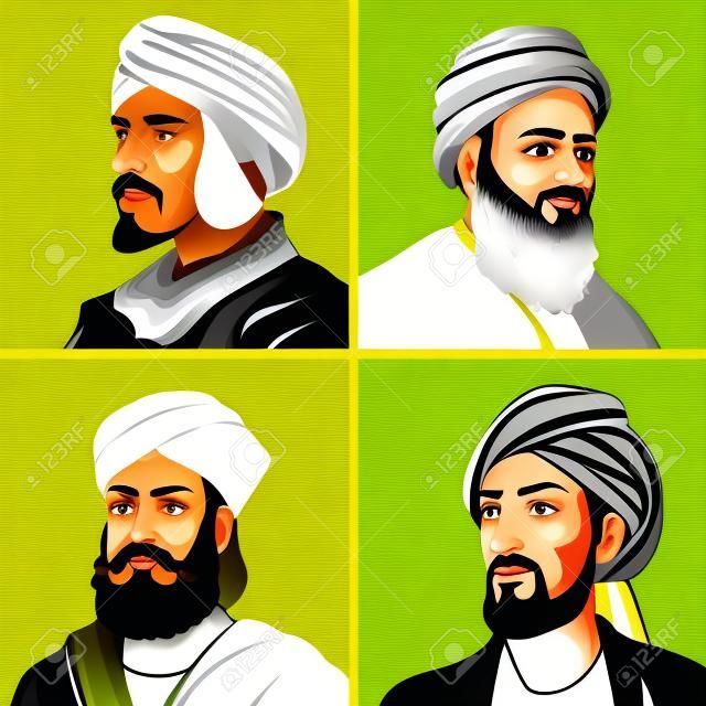 Ilustracja wektorowa muzułmańskich uczonych, alkindi, jabir ibn hayyan, aljazari, abbas ibn firnas