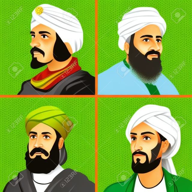 Ilustracja wektorowa muzułmańskich uczonych, alkindi, jabir ibn hayyan, aljazari, abbas ibn firnas