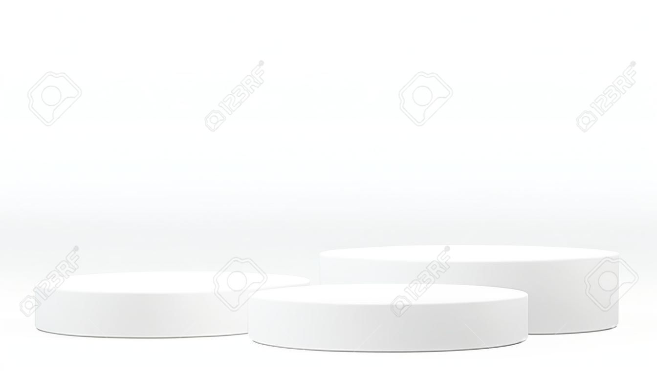 Four big size white round pedestal podium that rounded edges.For place goods,cosmetics,cartoon model,design fashion,food,drink,fruit or technical tools advertising.3D illustration.
