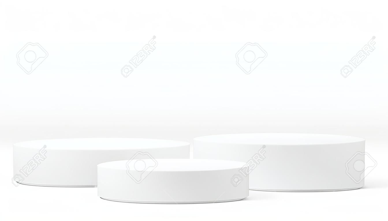 Four big size white round pedestal podium that rounded edges.For place goods,cosmetics,cartoon model,design fashion,food,drink,fruit or technical tools advertising.3D illustration.