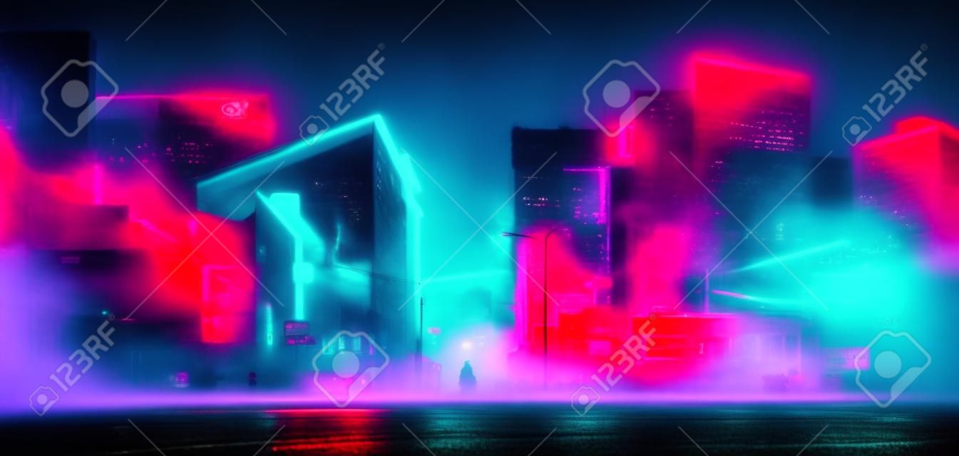 drawn colored city street at night in fog in neon light
