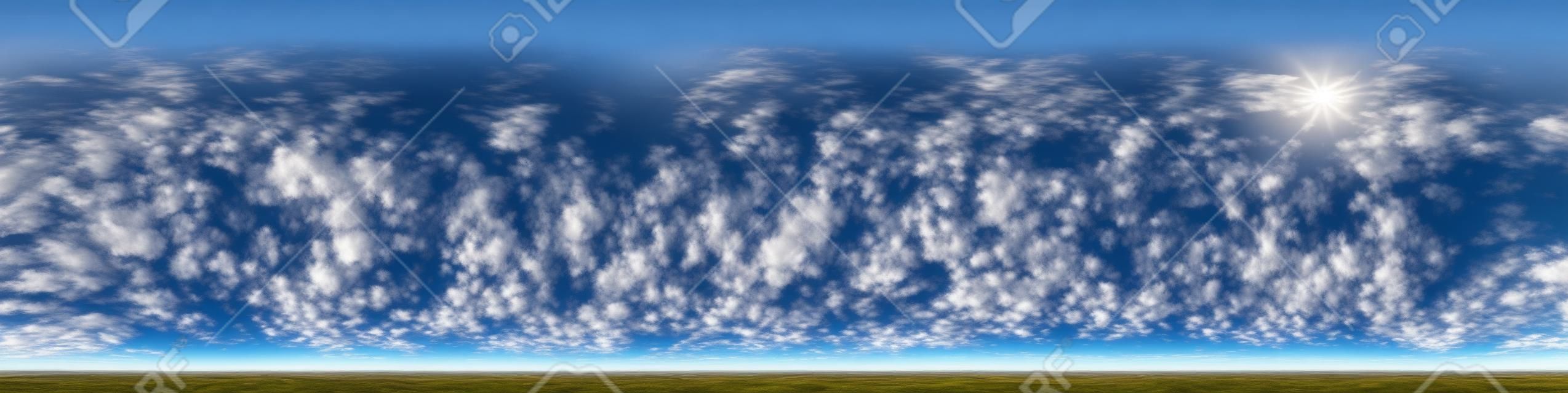 아름다운 멋진 구름과 푸른 하늘. 3d 그래픽 또는 게임 개발을 스카이 돔으로 사용하거나 드론 샷을 편집하기 위한 천정이 있는 매끄러운 hdri 파노라마 360도 각도 보기