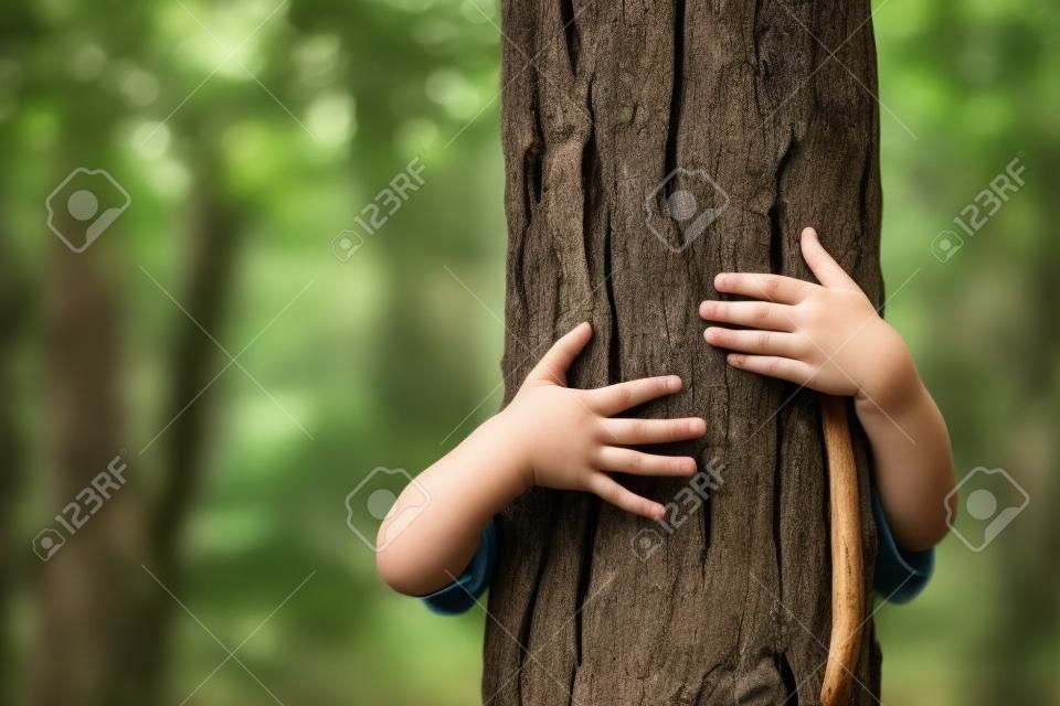 Kid hans abrazando un tronco de árbol