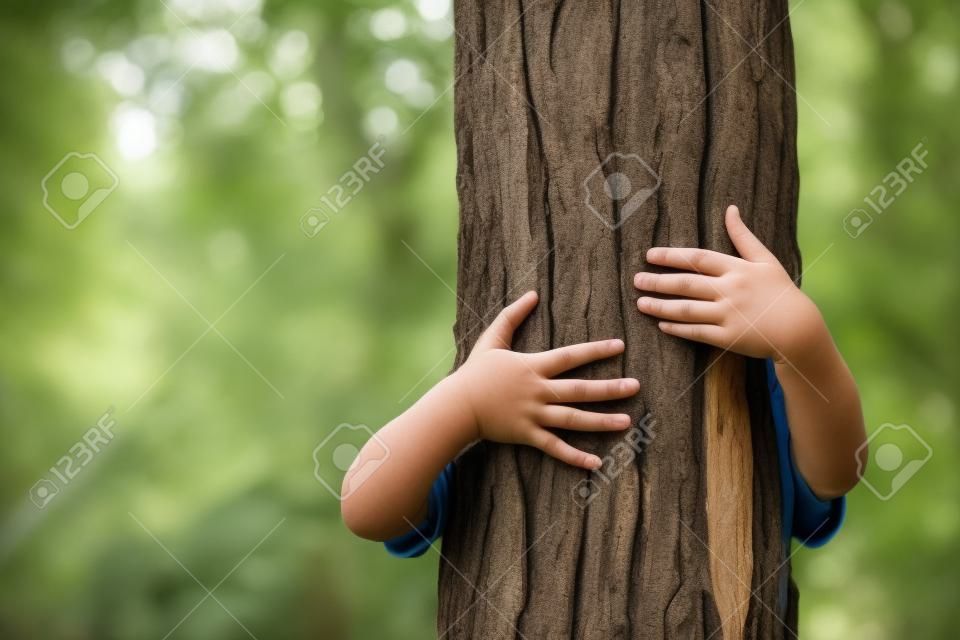 Kid hans abrazando un tronco de árbol