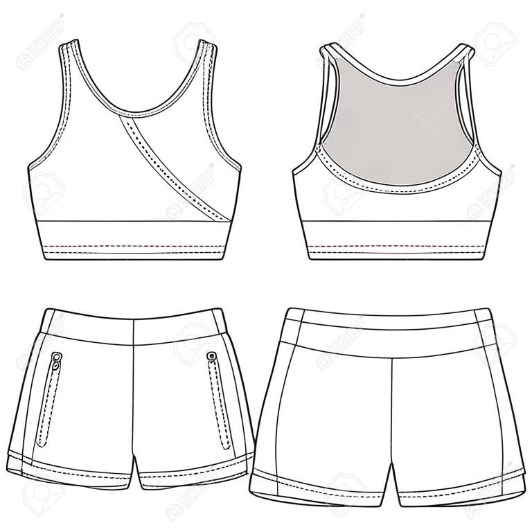Girls Sports Bra and Shorts fashion flat template. Sportswear fashion design set. Womens Sportswear Skirt and Top fashion set template.