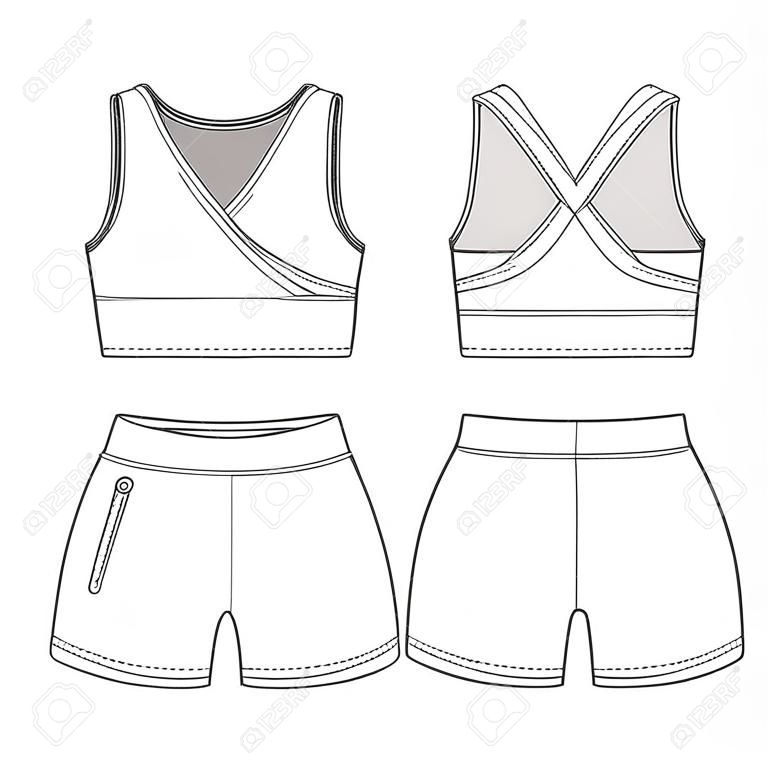 Meisjes Sport BH en Shorts mode platte sjabloon. Sportswear mode design set. Vrouwen Sportswear rok en Top mode set sjabloon.